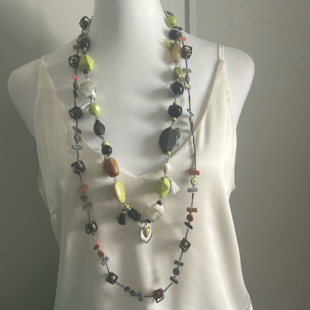 Pair of Long Strand Boho Artisan Multicolor Beaded Necklace